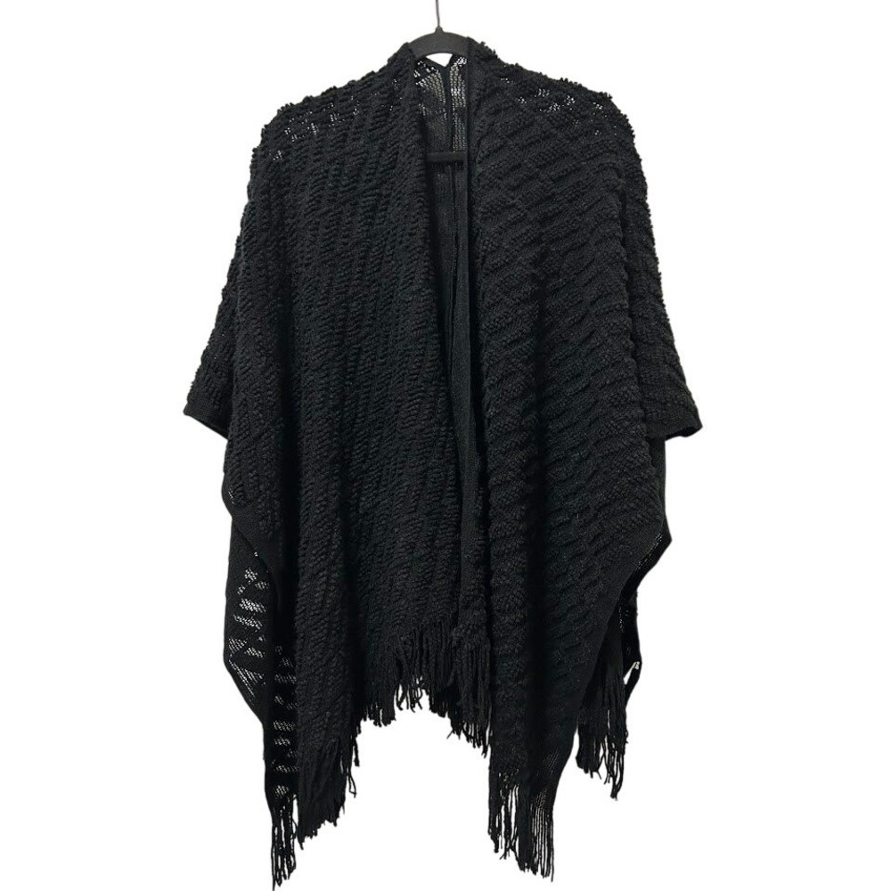 Black Knit Fringe Poncho‎ Wrap Shawl One Size Acrylic